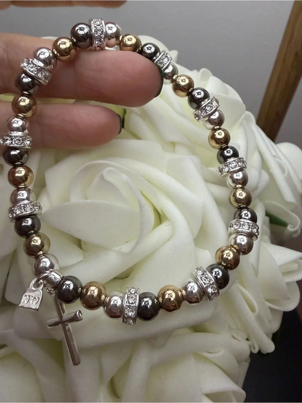 Tri-Tone Beaded Cross Bracelet - Gold, Silver, Gunmetal